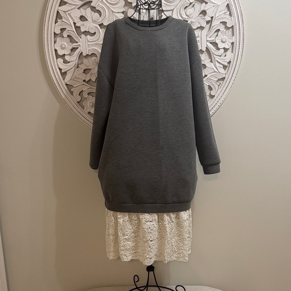Zara Gray and Cream Long Sleeve Dress
